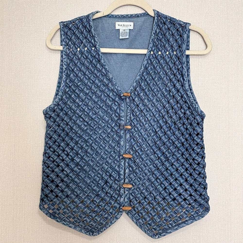 Vintage Van Heusen Womens Blue Denim Lattice Woven Toggle Button Vest Size Small